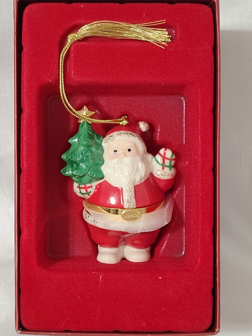 Lenox Red and Green Jolly Santa Trinket Box Ornament with Gold Tassel Hanger New